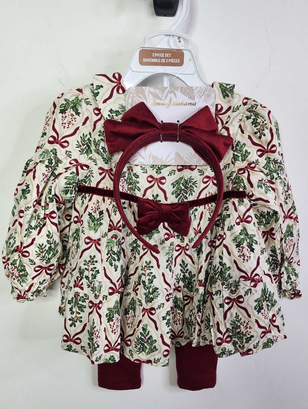 Tommy Bahama Cream and Burgundy Holiday Bow Dress Set for Kids, 18m